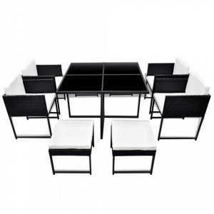 Set mobilier de exterior cu perne, 9 piese, negru, poliratan - Img 3