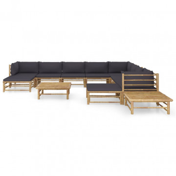 Set mobilier de grădină, 12 piese, perne gri închis, bambus - Img 2