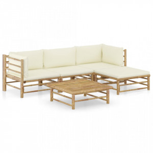 Set mobilier de grădină, 5 piese, perne alb crem, bambus - Img 1