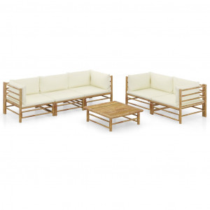 Set mobilier de grădină, 6 piese, perne alb crem, bambus - Img 1