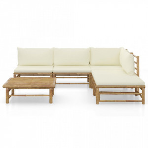Set mobilier de grădină, 6 piese, perne alb crem, bambus - Img 2