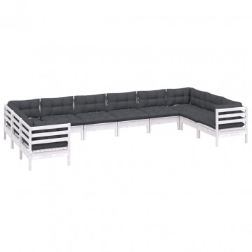 Set mobilier de grădină cu perne, 10 piese, alb, lemn masiv pin - Img 3