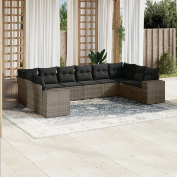 Set mobilier de grădină cu perne, 10 piese, gri, poliratan - Img 1