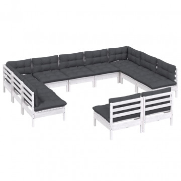 Set mobilier de grădină cu perne, 11 piese, alb lemn masiv pin - Img 3