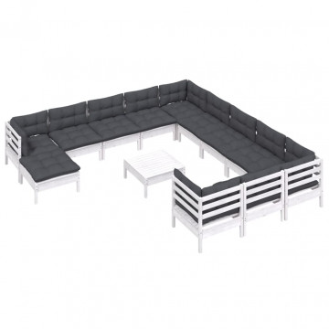 Set mobilier de grădină cu perne, 13 piese, alb, lemn de pin - Img 3