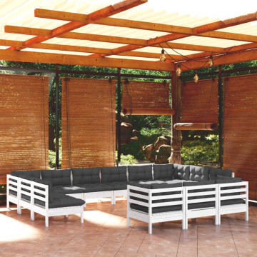 Set mobilier de grădină cu perne, 13 piese, alb, lemn de pin - Img 1