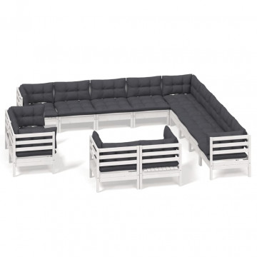 Set mobilier de grădină cu perne, 13 piese alb, lemn masiv pin - Img 2