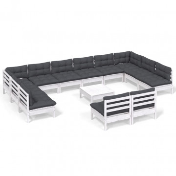 Set mobilier de grădină cu perne, 13 piese, alb, lemn masiv pin - Img 2