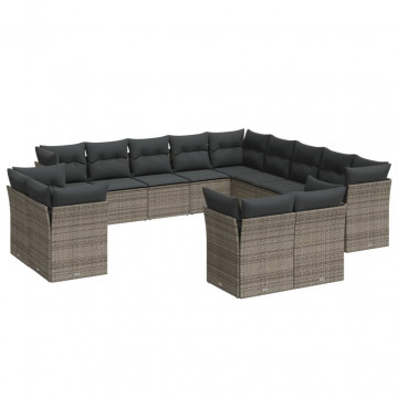 Set mobilier de grădină cu perne, 13 piese, gri, poliratan - Img 2