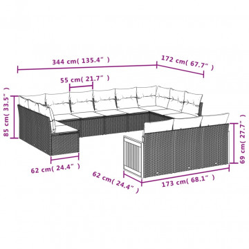 Set mobilier de grădină cu perne, 13 piese, gri, poliratan - Img 3