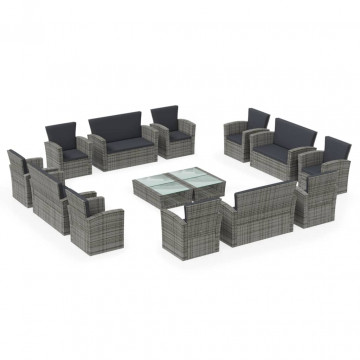 Set mobilier de grădină cu perne, 16 piese, gri, poliratan - Img 2