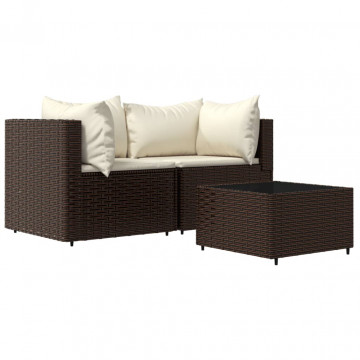 Set mobilier de grădină cu perne, 3 piese, maro, poliratan - Img 2