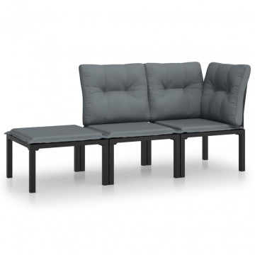 Set mobilier de grădină cu perne, 3 piese, negru/gri, poliratan - Img 2