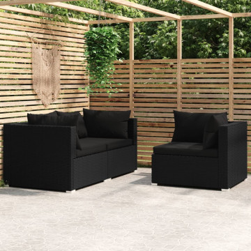Set mobilier de grădină cu perne, 3 piese, negru, poliratan - Img 1