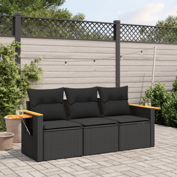 Set mobilier de grădină cu perne, 3 piese, negru, poliratan - Img 1