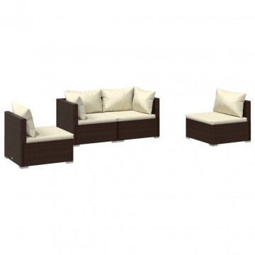 Set mobilier de grădină cu perne, 4 piese, maro, poliratan - Img 2