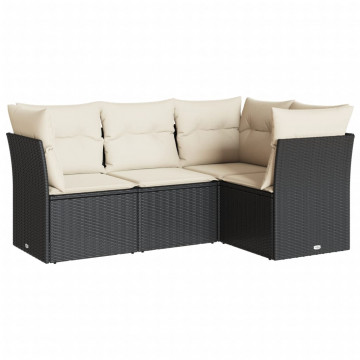 Set mobilier de grădină cu perne, 4 piese, negru, poliratan - Img 2