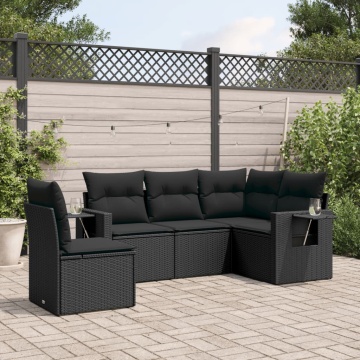 Set mobilier de grădină cu perne, 5 piese, negru, poliratan - Img 1
