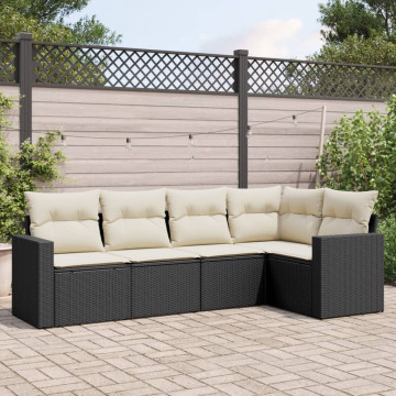 Set mobilier de grădină cu perne, 5 piese, negru, poliratan - Img 1