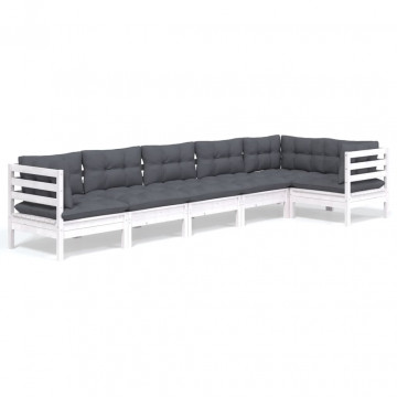 Set mobilier de grădină cu perne, 6 piese, alb, lemn de pin - Img 2