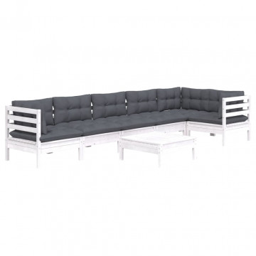 Set mobilier de grădină cu perne, 7 piese, alb, lemn de pin - Img 3