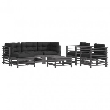 Set mobilier de grădină cu perne, 7 piese, gri, lemn masiv - Img 2