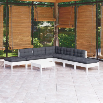 Set mobilier de grădină cu perne, 8 piese, alb, lemn de pin - Img 1