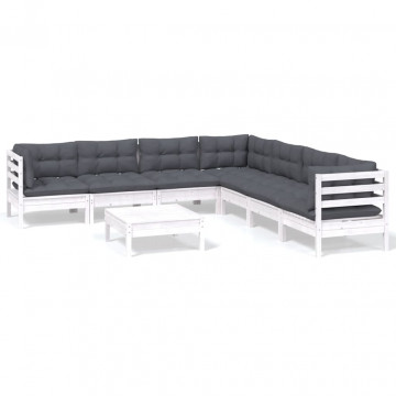 Set mobilier de grădină cu perne, 8 piese, alb, lemn masiv pin - Img 2