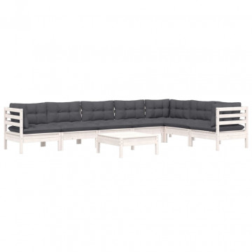 Set mobilier de grădină cu perne, 8 piese, alb, lemn masiv pin - Img 3