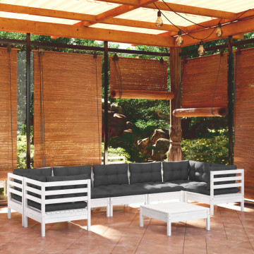 Set mobilier de grădină cu perne, 8 piese, alb, lemn masiv pin - Img 1