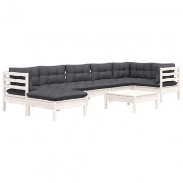 Set mobilier de grădină cu perne, 8 piese, alb, lemn masiv pin - Img 3