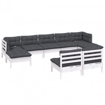 Set mobilier de grădină cu perne, 9 piese, alb, lemn de pin - Img 3