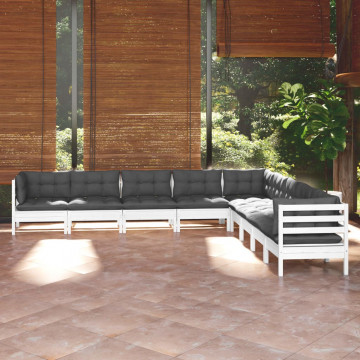 Set mobilier de grădină cu perne, 9 piese, alb, lemn masiv pin - Img 1