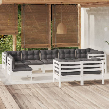 Set mobilier de grădină cu perne, 9 piese, alb, lemn masiv pin - Img 1