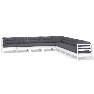 Set mobilier de grădină cu perne, 9 piese, alb, lemn masiv pin - Img 2