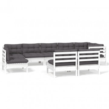 Set mobilier de grădină cu perne, 9 piese, alb, lemn masiv pin - Img 2