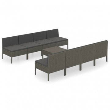 Set mobilier de grădină cu perne, 9 piese, gri, poliratan - Img 2