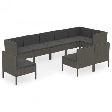 Set mobilier de grădină cu perne, 9 piese, gri, poliratan - Img 7