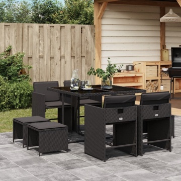 Set mobilier de grădină cu perne, 9 piese, negru, poliratan - Img 1