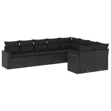 Set mobilier de grădină cu perne, 9 piese, negru, poliratan - Img 2