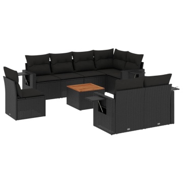 Set mobilier de grădină cu perne, 9 piese, negru, poliratan - Img 2
