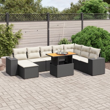 Set mobilier de grădină cu perne, 9 piese, negru, poliratan - Img 1