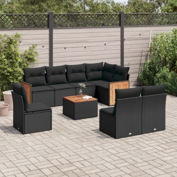 Set mobilier de grădină cu perne, 9 piese, negru, poliratan - Img 1