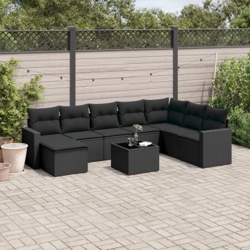 Set mobilier de grădină cu perne, 9 piese, negru, poliratan - Img 1