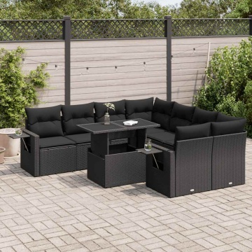 Set mobilier de grădină cu perne, 9 piese, negru, poliratan - Img 1