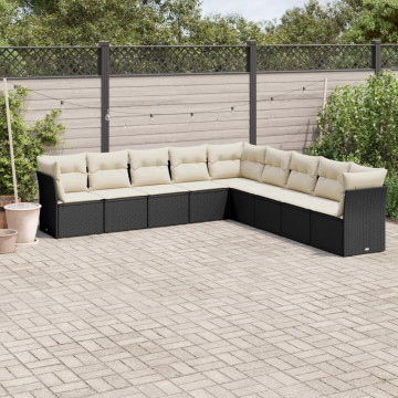 Set mobilier de grădină cu perne, 9 piese, negru, poliratan - Img 1