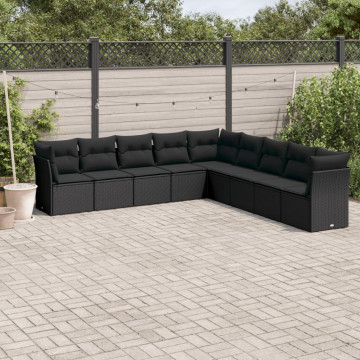 Set mobilier de grădină cu perne, 9 piese, negru, poliratan - Img 1
