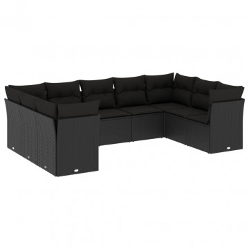 Set mobilier de grădină cu perne, 9 piese, negru, poliratan - Img 2