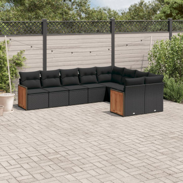 Set mobilier de grădină cu perne, 9 piese, negru, poliratan - Img 1