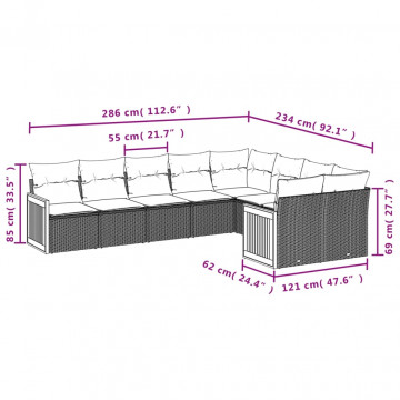 Set mobilier de grădină cu perne, 9 piese, negru, poliratan - Img 3